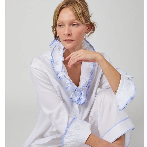 Haute Home Linens St. Moritz pajamas set with blue ice trim boutique Size Lg - Picture 2 of 15